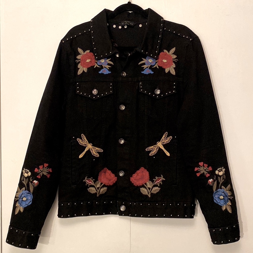 Zara Floral Embroidered Studded Black Denim Jacket - Men’s Large